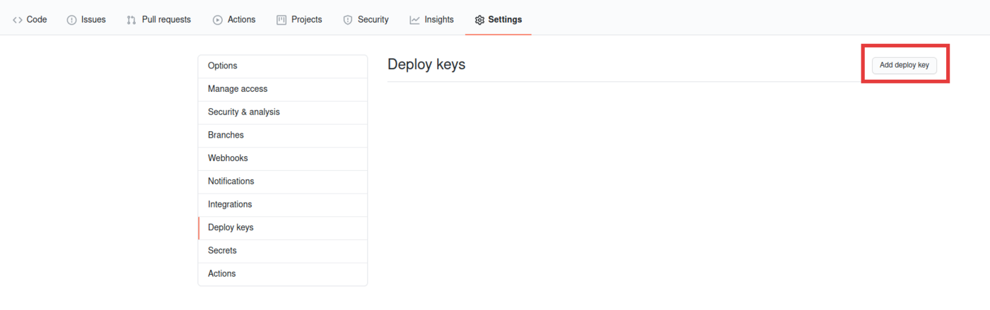 picture of GitHub settings page, deploy key section