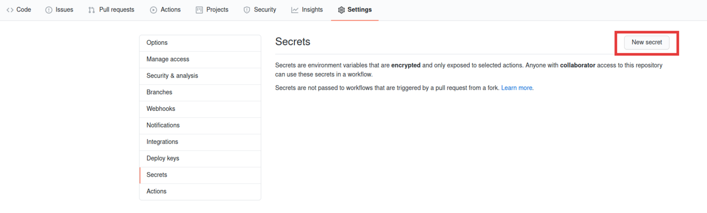 picture of GitHub settings page, secrets section